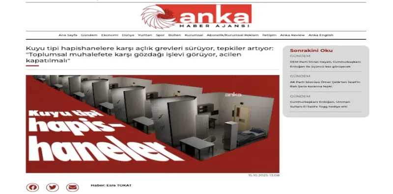 Anka Haber Ajansı’nın 15 Ekim 2025 tarihli “Kuyu tipi hapishaneler” başlıklı haberinin sayfa görüntüsü.