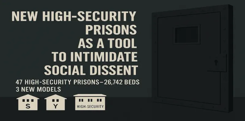 Illustration of a high-security prison door and text describing new prison models introduced in Turkey