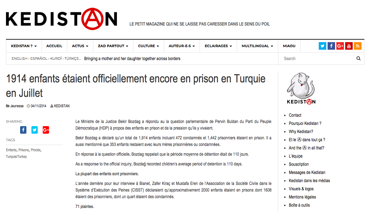 1914 enfants étaient officiellement encore en prison en Turquie en Juillet