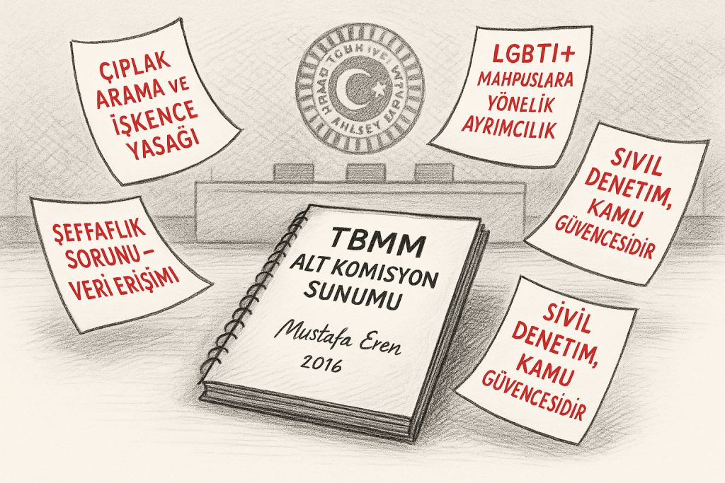 TBMM Alt Komisyon sunumunu simgeleyen kara kalem illüstrasyon – Mustafa Eren, 2016