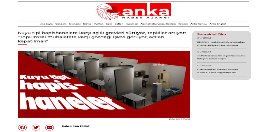 Anka Haber Ajansı’nın 15 Ekim 2025 tarihli “Kuyu tipi hapishaneler” başlıklı haberinin sayfa görüntüsü.
