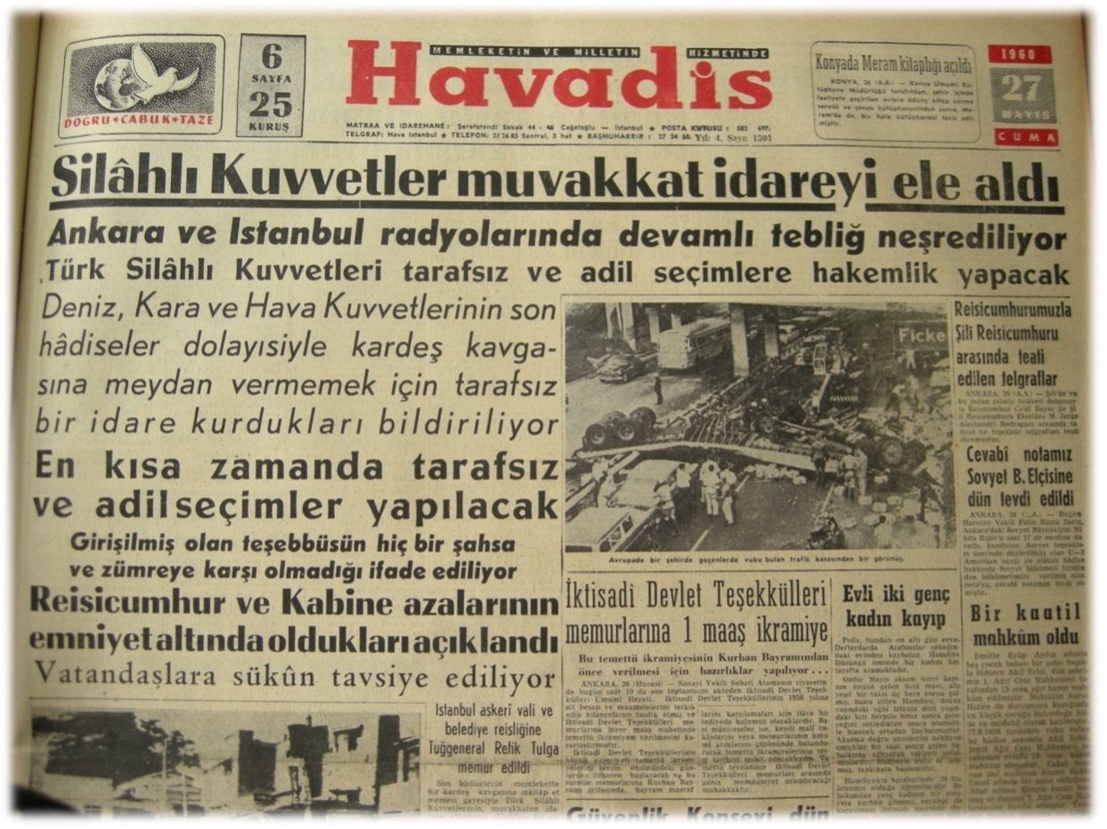 27 Mayıs 1960 Havadis gazetesi manşeti