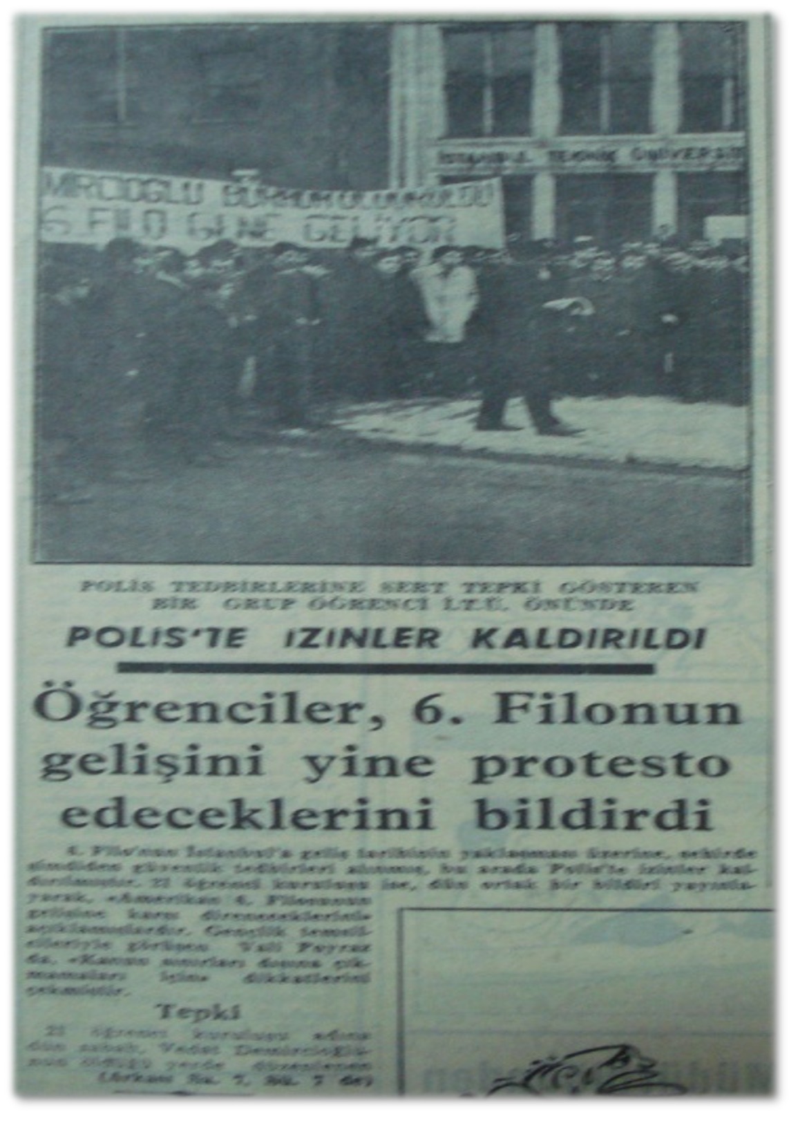 8 Şubat 1969 Cumhuriyet — Öğrenciler 6. Filonun gelişini yine protesto edeceklerini bildirdi
