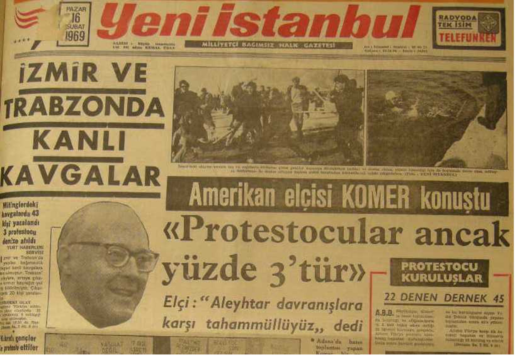 16 Şubat 1969 Yeni İstanbul — İzmir ve Trabzon'da kanlı kavgalar